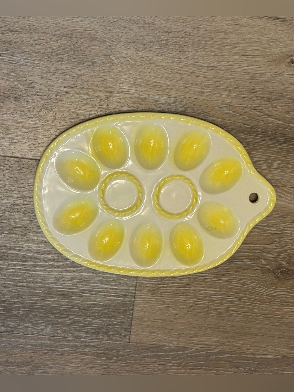 Vintage Mid Century Oval Deviled Egg Tray White & Yellow